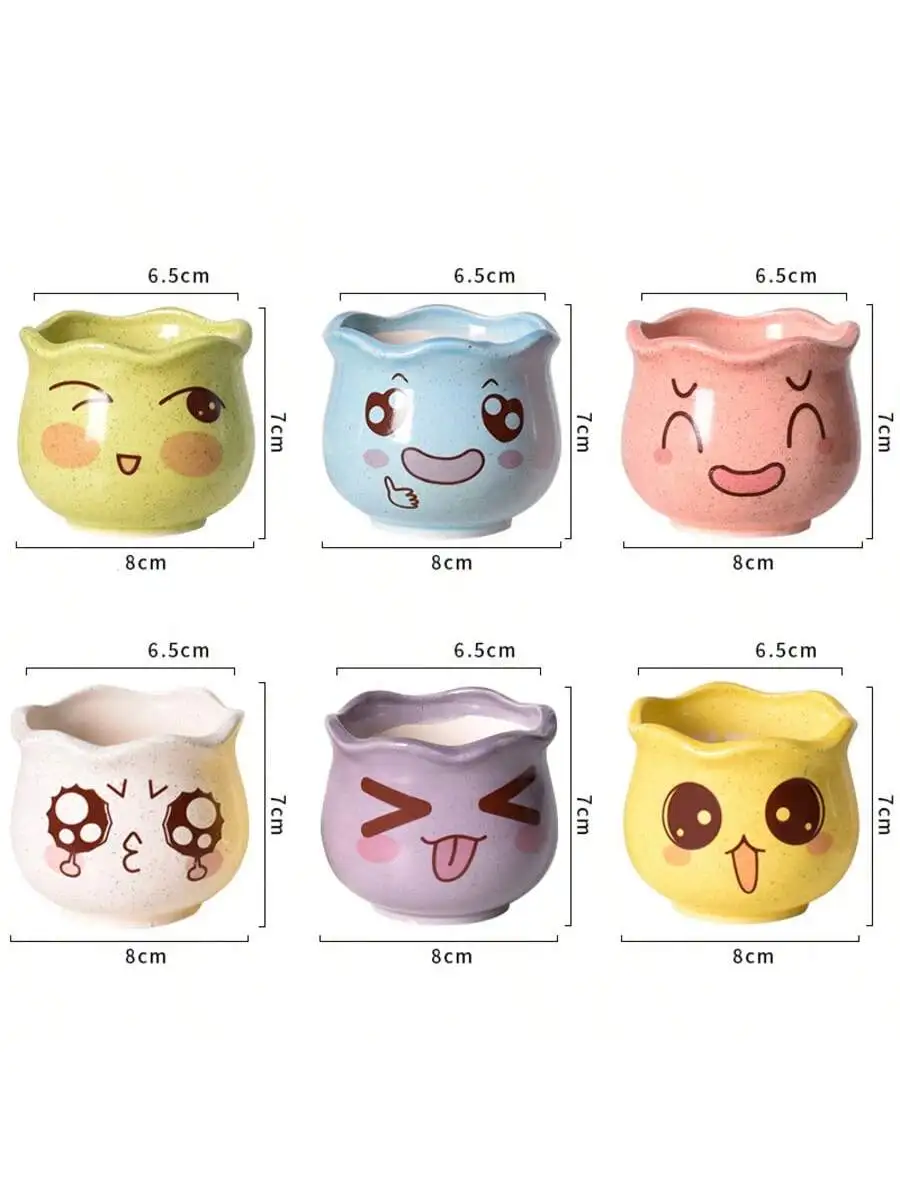 6pcs/set Cartoon Cute Ceramic Flower Pots, Cute Succulent Plant Flower Pot with Drainage Hole Function, Suitable for Succulents