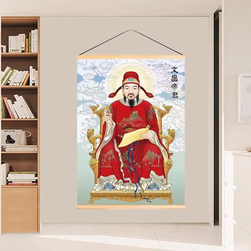 VIKAMA Traditional Chinese Wenchang God Wall Hanging Tapestry Wooden Hanger Oriental Fortune Culture Home Living Room Wall Decor