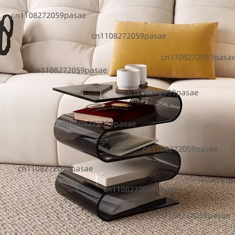 Clear Acrylic Side Table: Luxe-Chic Minimalist S-Shaped Storage Rack, Unique-Shaped Nightstand, Magazine Rack