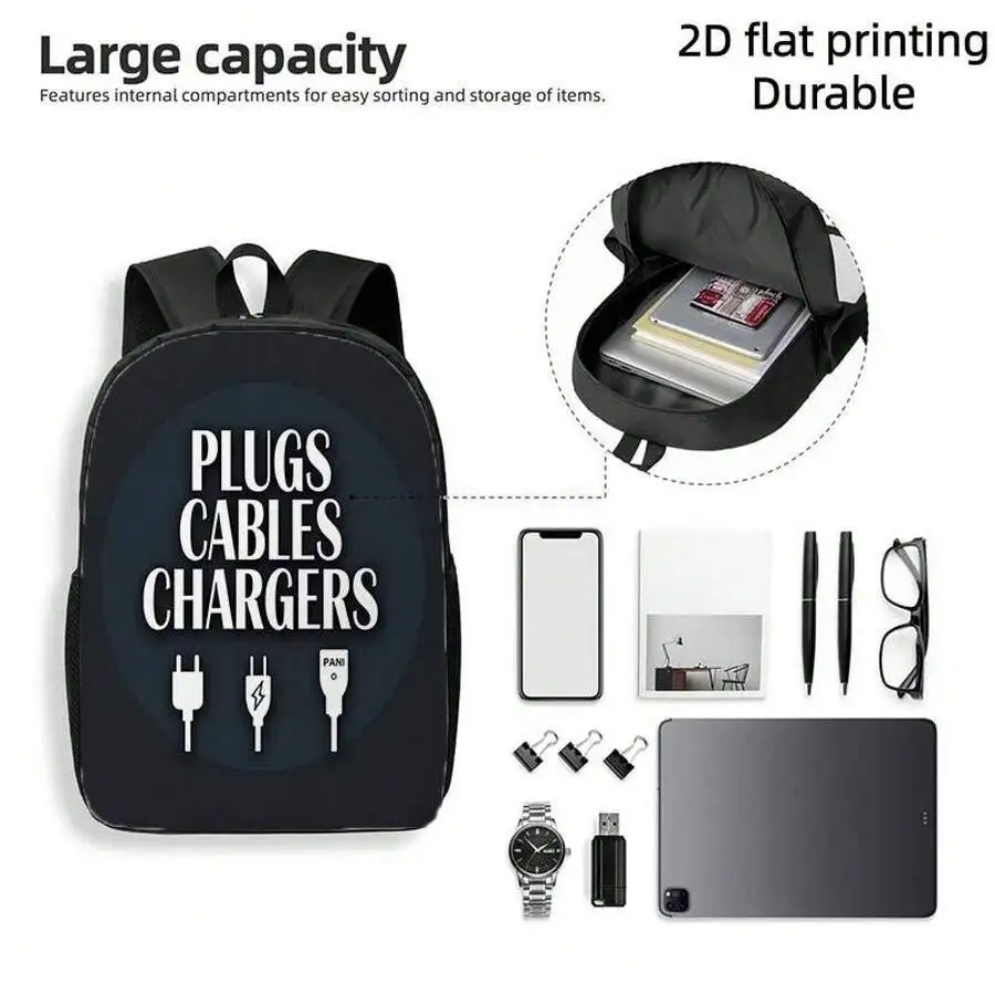 

Tech Themed Backpack With Plug Print Large Capacity Lightweight Commuter Bag For Gadgets