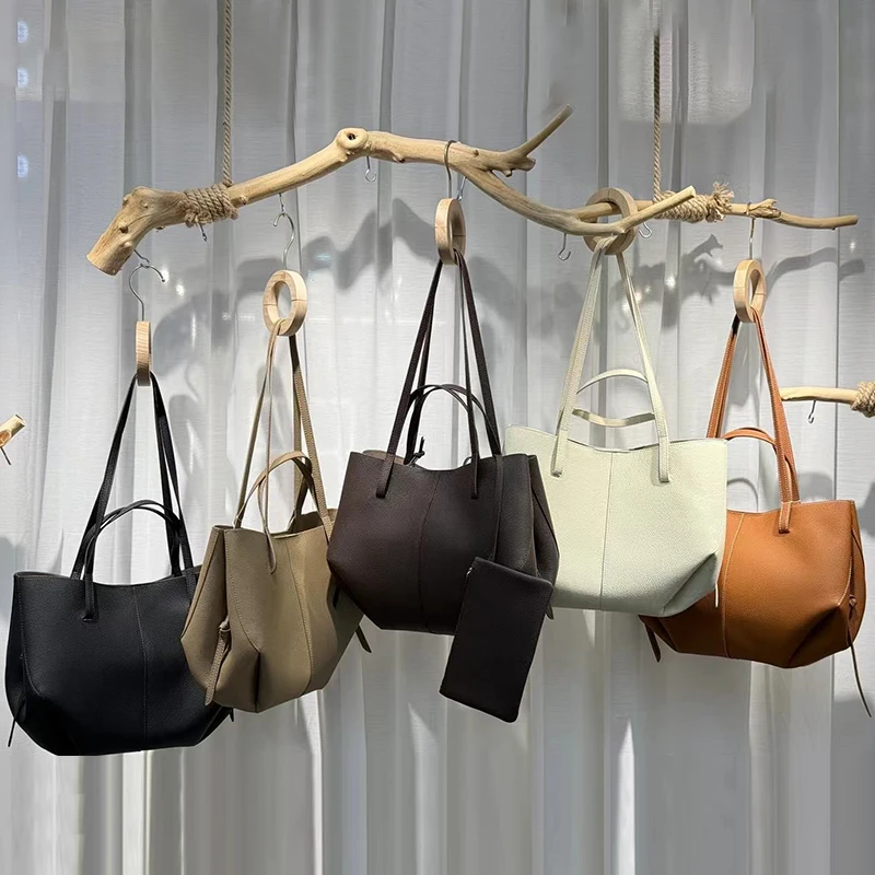 Women's Genuine Cowhide Leather Large Bucket Tote Bag Pebbled Leather Dual Handle Shoulder Shopper Handbag Office Commuter Bag
