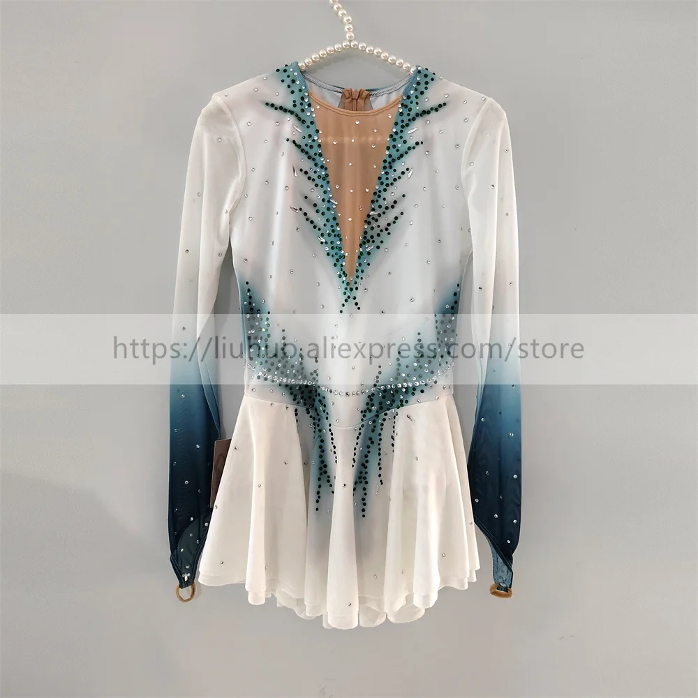 LIUHUO Women Aldult Girl Customize Costume Performance Competition Leotard Ice Figure Skating Dress White Green Gradient Color