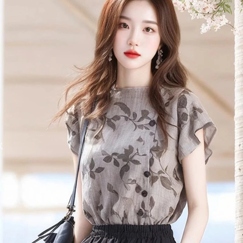 

Chiffon Women's Blouses Korean Shirts FASHION Loose Spring/Summer Vintage Clothing Printed Short Sleeve Women Tops