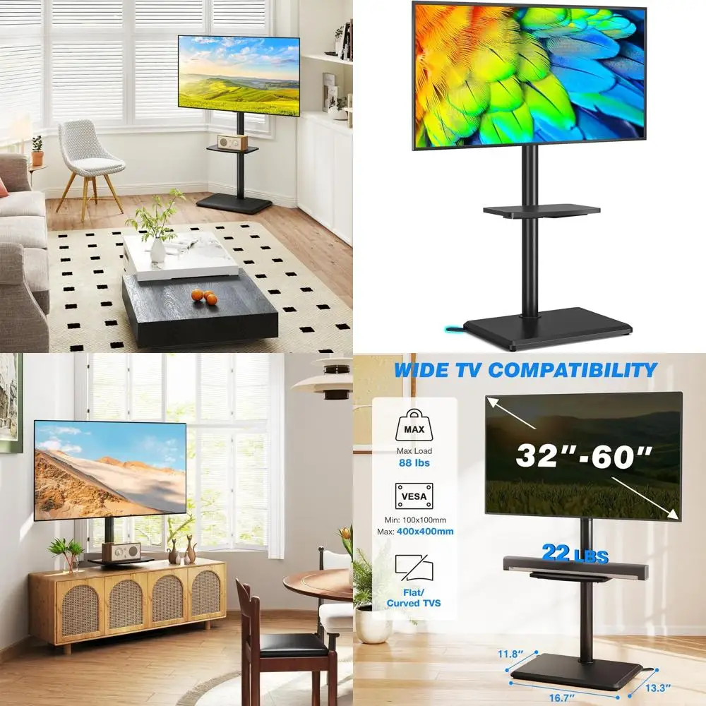 

Swivel Floor TV Stand with Mount for 32-60 Inch TVs up to 88lbs, Height Adjustable TV Mount with Wood Base & Shelf, Space-Saving