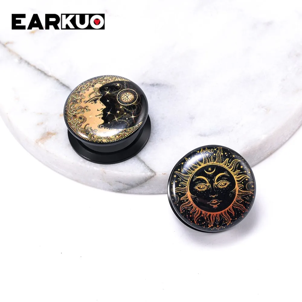 EARKUO Vintage Acrylic Sun Moon Lock Cat Fish Ear Plugs Tunnels Piercing Body Jewelry Earring Gauges Stretchers Expanders 2PCS