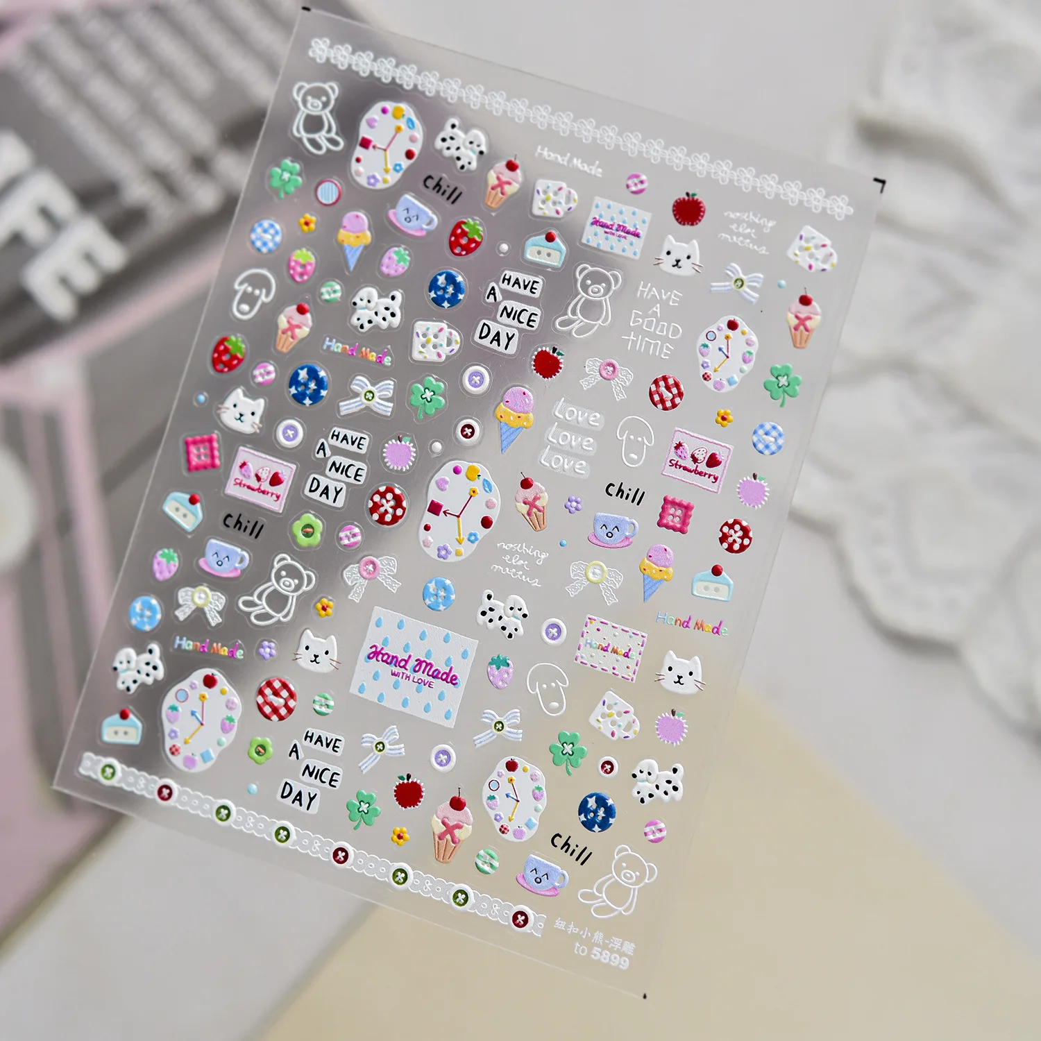 Cute Clock Strawberry Nail Sticker Black Cat Ice Cream Bear Pattern Nail Art Stickers Self Adhesive Nail Stickers DIY Decoration view 6