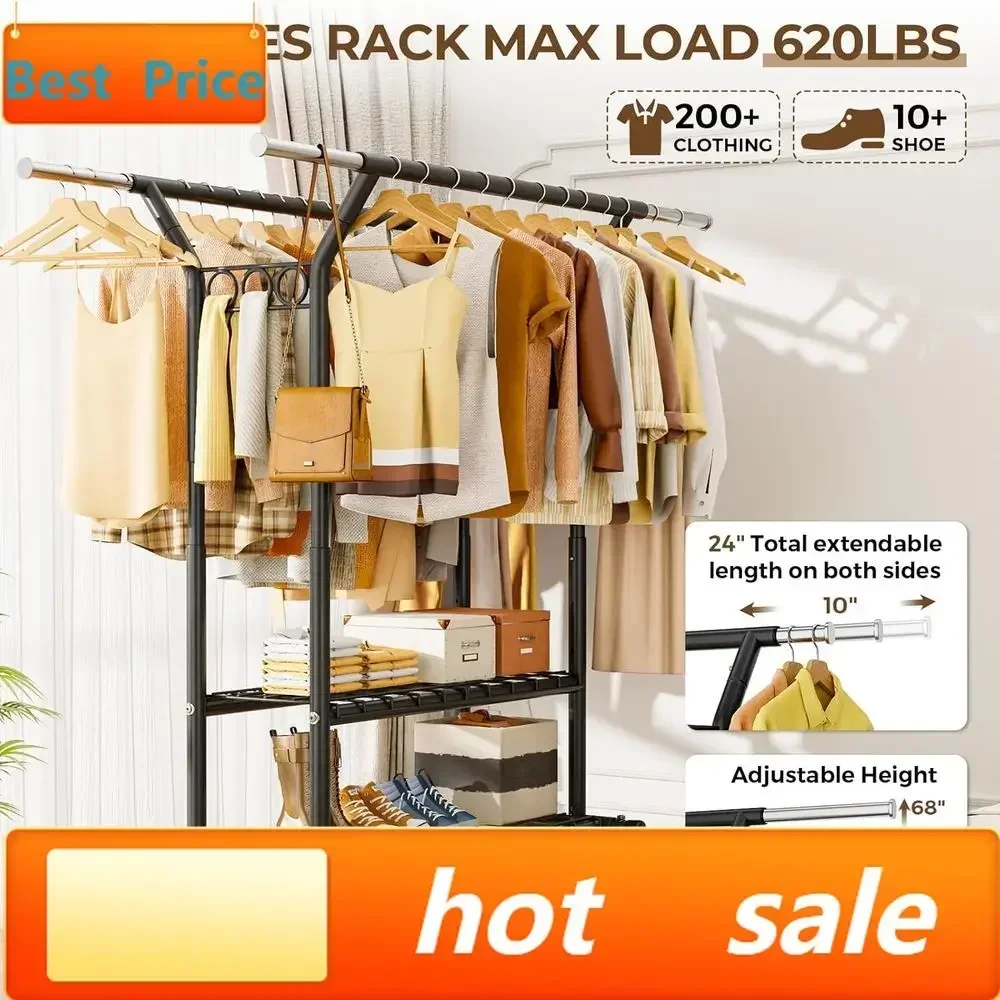 Activity price PopularPortable Heavy-Duty Double Rod Rolling Clothes Rack with Shelves, 620 lbs Capacity, Adjustable and Black