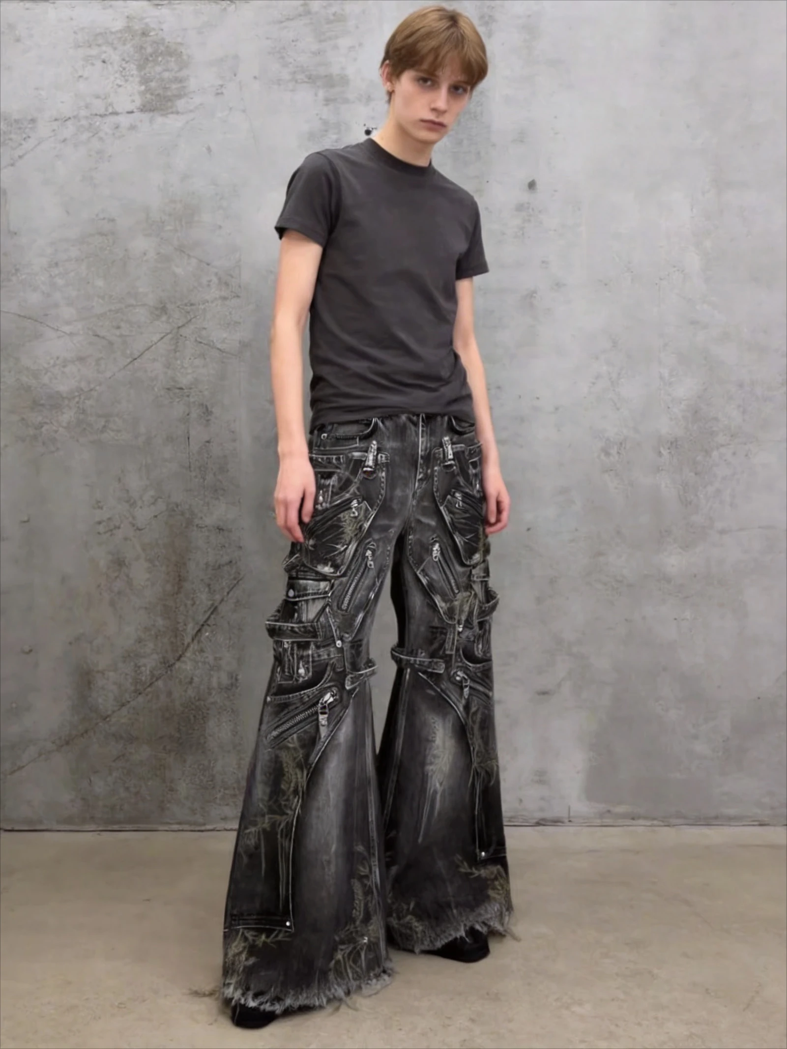 

Hip Hop Pocket Denim Jeans Men Wide Leg Cargo Distressed Zip Pants Casual Fashion Gothic Y2K Streetwear Black Baggy Cargo Jeans