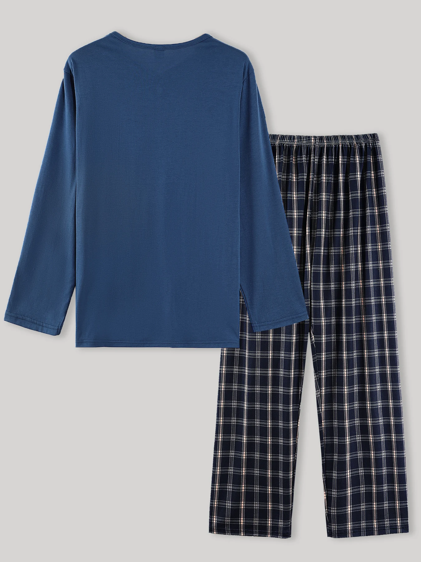 Men's Spring Autumn Blue Henry Collar Long Sleeve Shirt Plaid Pants Comfortable Outfit Set