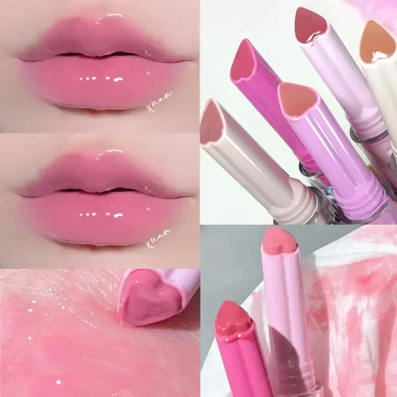 Barra de labios de gelatina con forma de amor, resistente al agua, antiadherente, espejo, brillo de labios sólido, transparente, hidratante, maquillaje cosmético