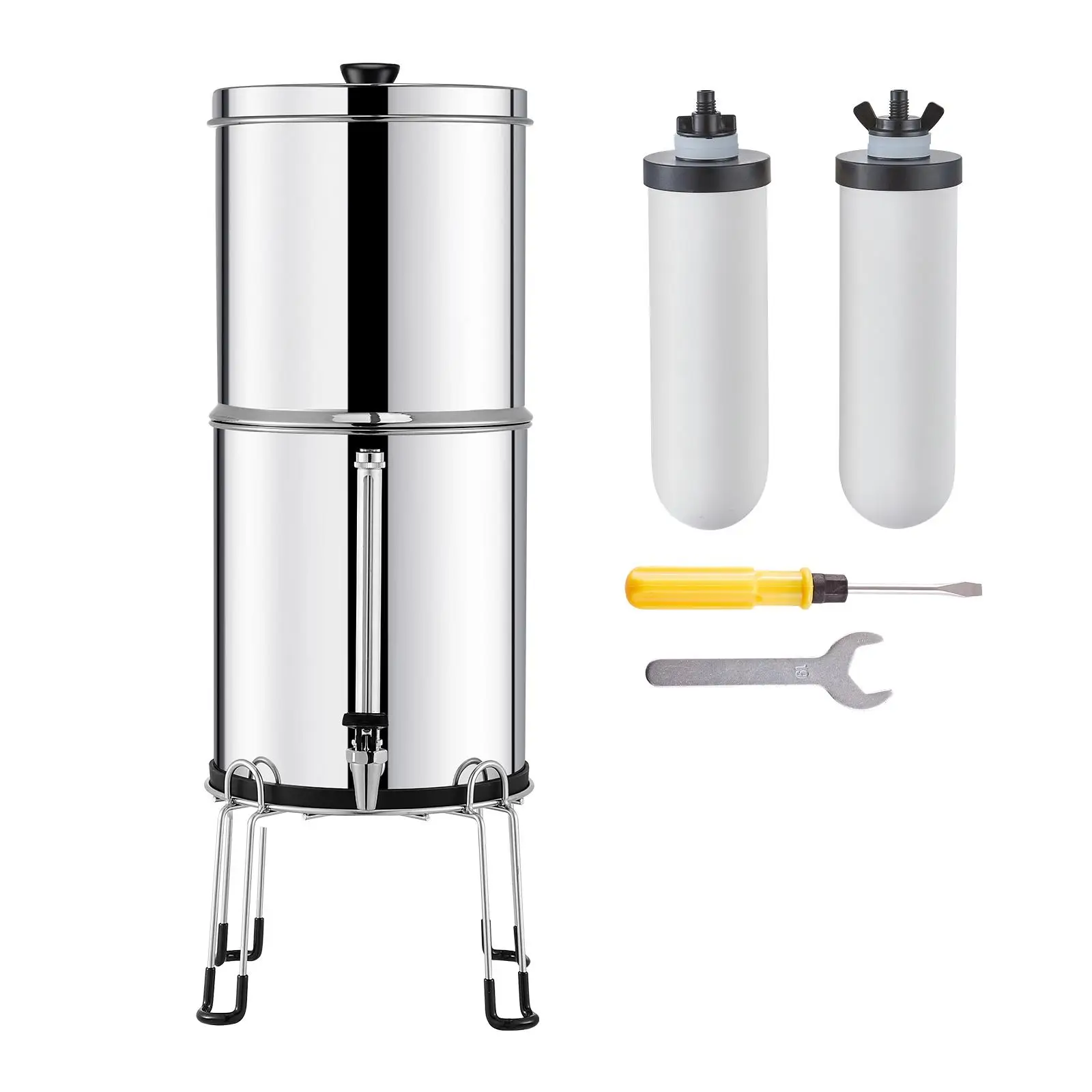 Fed Stainless Steel Countertop Water Filter System 2.25 Gallon with 2 Ceramic Carbon Filters Lead and Chlorine Reduction Water Level Spigot and Stand