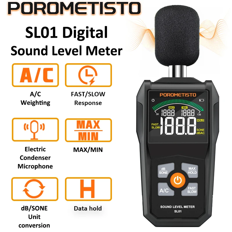 

POROMETISTO-SL01 Digital Noise Meter Sound Level Meter Handheld DB Meter A/C Weighted 30~130dB Audio Measuring Decibel Monitor