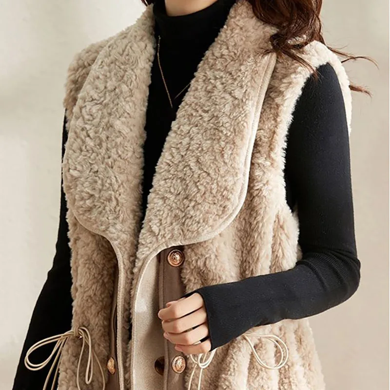 Winter Women Spliced Lamb Hair Vests Lace-up Fashion Elegant Vintage Slim Mid-Length Coat Office Lady Thicken Sleeveless Jacket