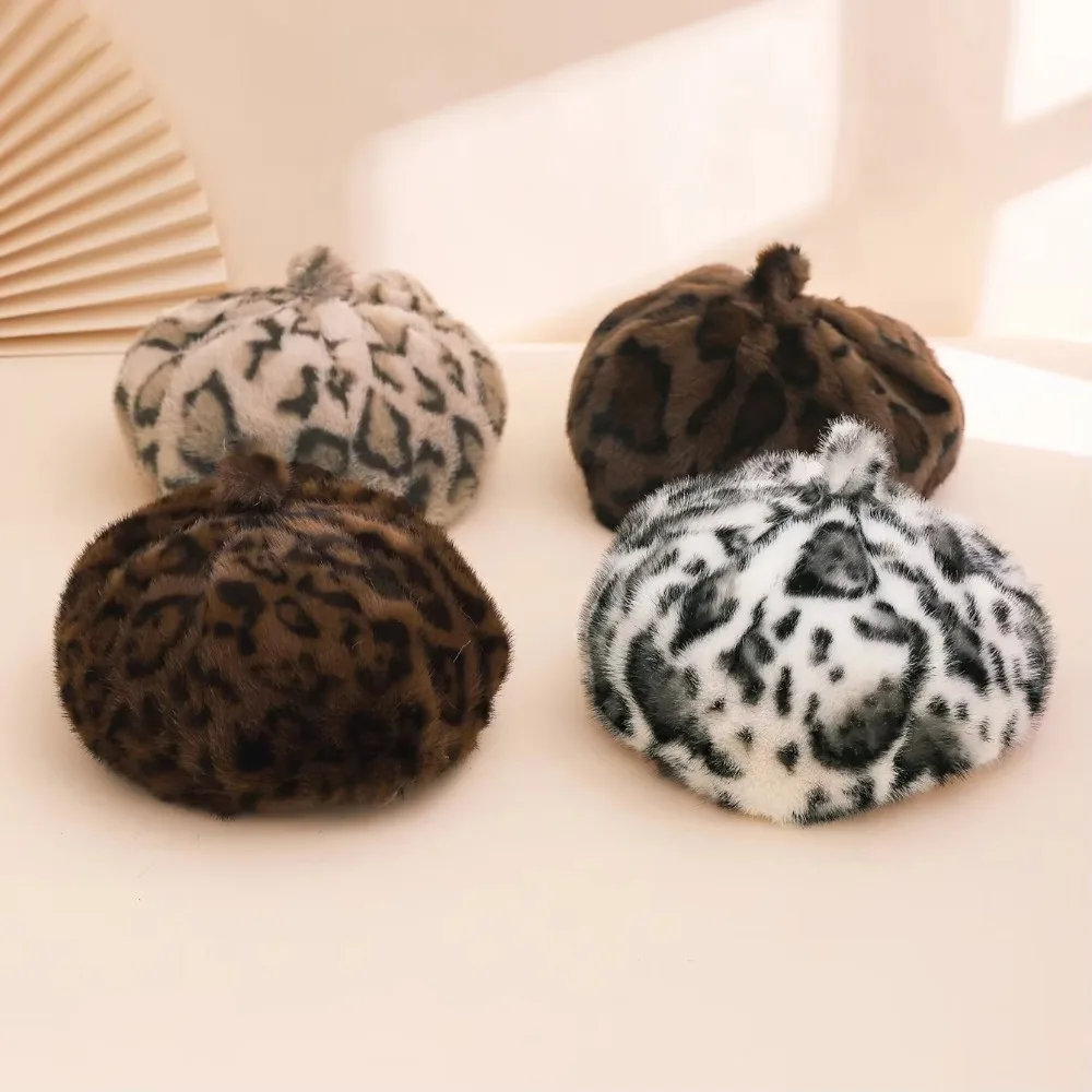 Leopard Print Faux Rabbit Fur Beret Flush Furry Solid Color Painter Beret Hat Keep Warm Thicken Octagonal Beanie Cap Women Girl