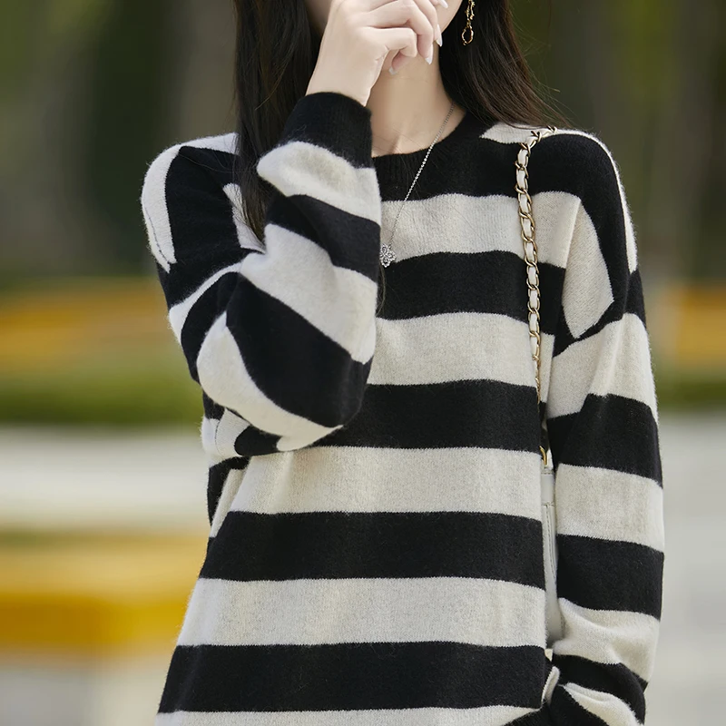 

100% Merino Wool Fashion O-Neck Striped Sweater Pullover Color-Blocking Cashmere Soft Basic Casual Versatile Clothing Top