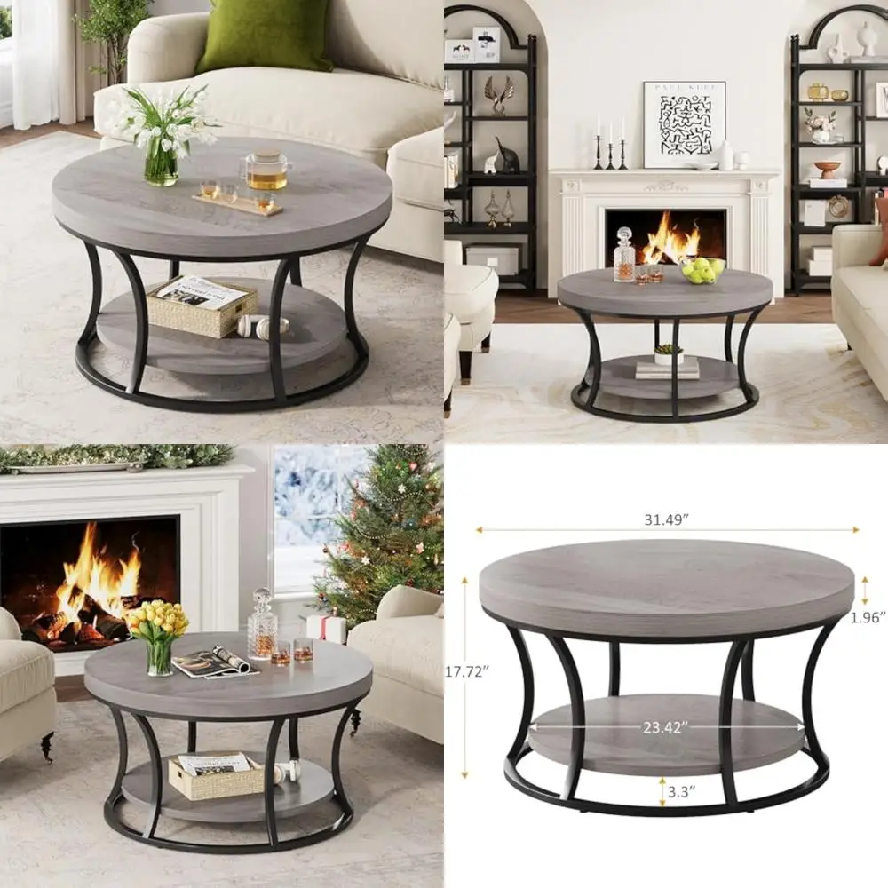 

Contemporary 2-Tier Round Coffee Table with Storage, Gray-Brown Accent Center Table for Living Room