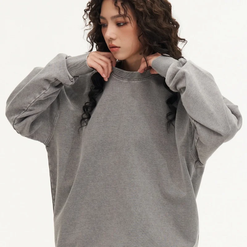 

Woman Men Solid Washed Sweatshirt Cotton Acid Wash Hoodies Autumn Warm Crewneck Pullover Fashion Vintage Oversize Female Clothes
