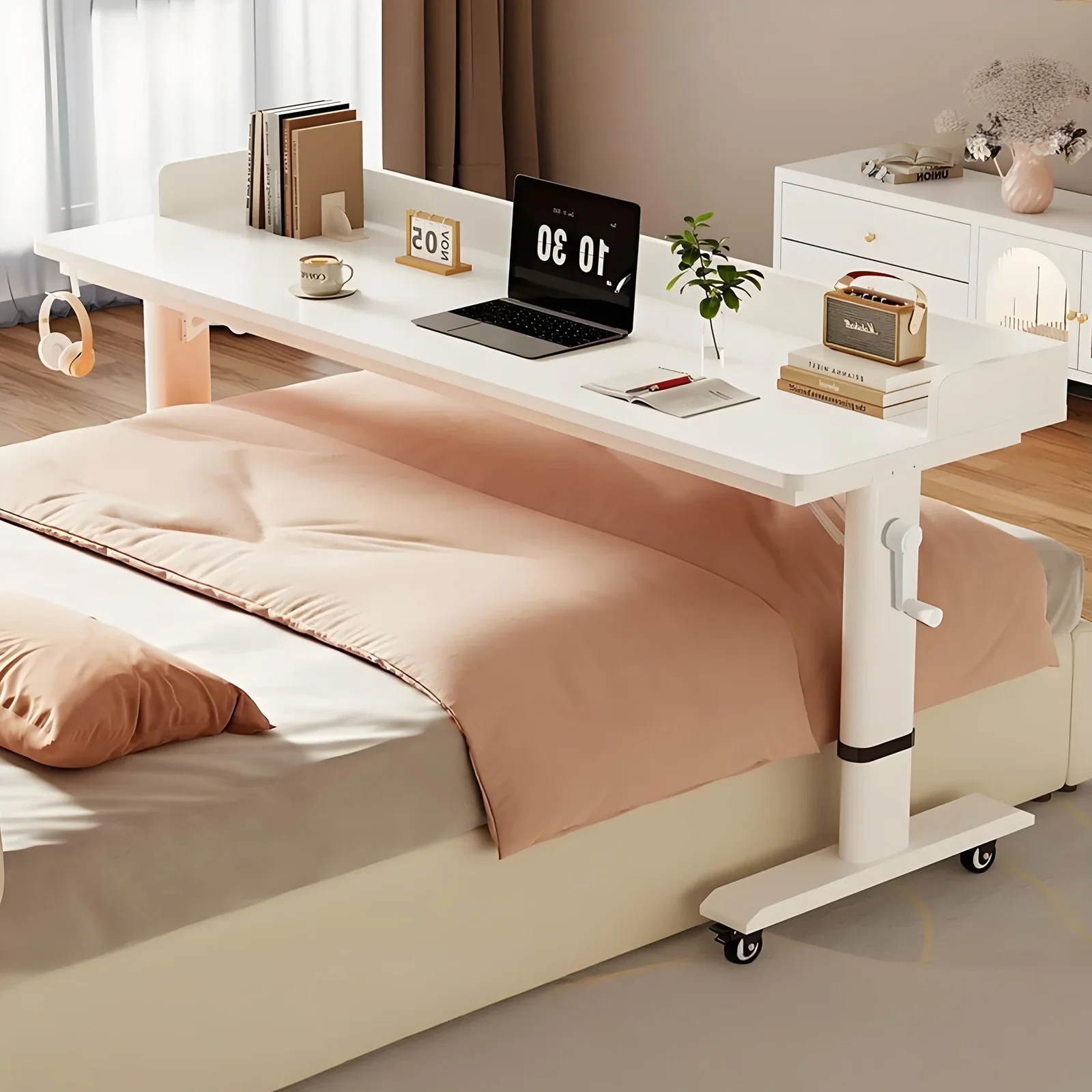 

Solid Wood Hand Cranked Computer Desk Movable Lift Study Table Cross Bed Table Against Wall Workbench Lazy Bedside Desk