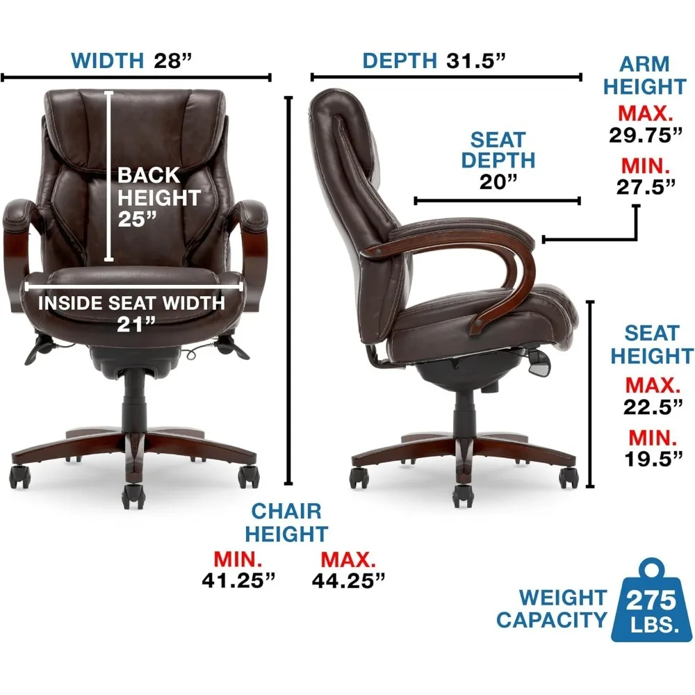 Executive office chair with memory sponge cushion, solid wood armrest and base, waterfall seat edge, recycled leather, brown