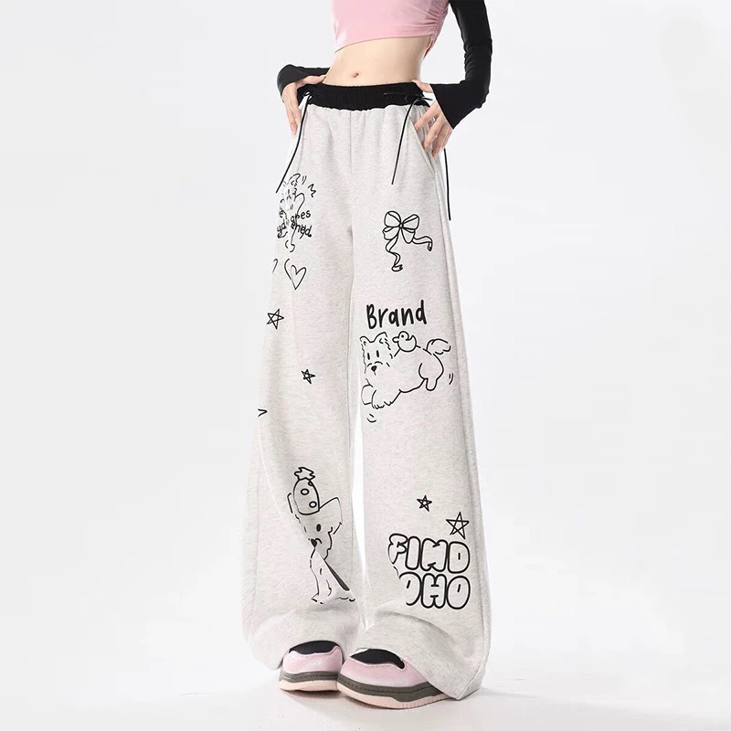 American Vintage Hand-Painted Loose Straight Pants Women\'s Elastic High Waist Drawstring Pocket Student Sports Wide Leg Trousers