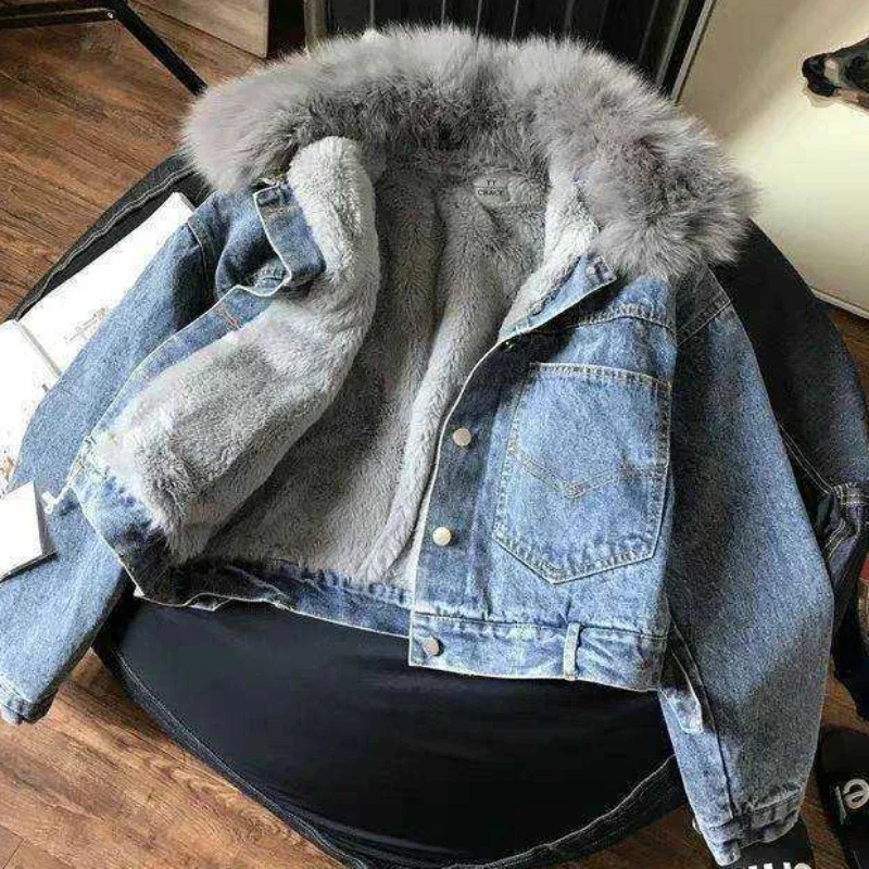 

Crop Female Jeans Coat Padded Warm Short with Fur Plush Winter 2024 for Cold Women's Denim Jackets Small Wool Inside Outerwears