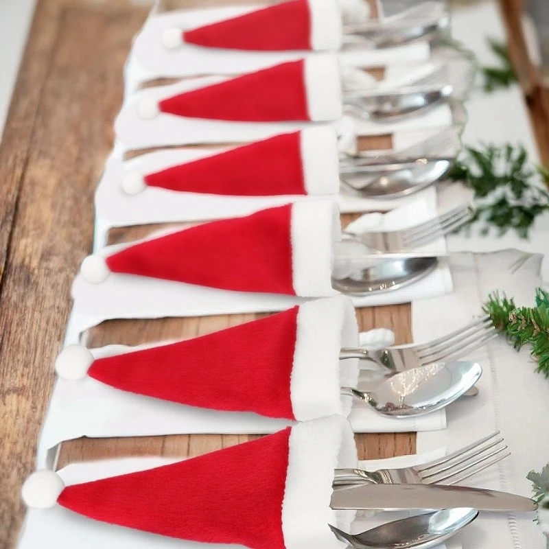 

Mini Christmas Hat Tableware Holder Knife Fork Pocket Wine Bottle Cover Bags DIY Lollipop Hats Xmas Party Decorations