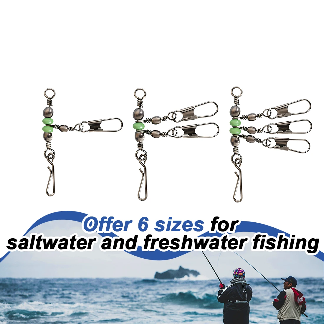 FishTrip 10 Stück 3-Wege-Wirbel, Lager-Rollwirbel mit leuchtenden Perlen, Angelverbinder, mit Interlock-Druckknopf zum Surfangeln – Detail 6