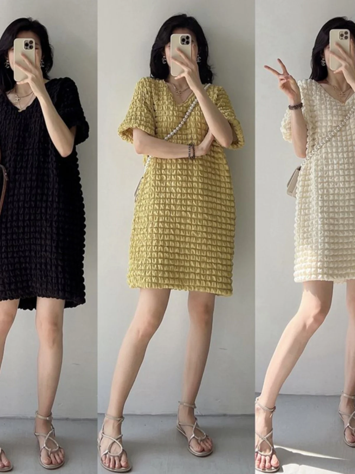 

plus Size V-Neck Short Sleeve Midi Dress Women's Loose Bubble Design Slimming Summer Dress Comfortable Fit Korean Style Dress