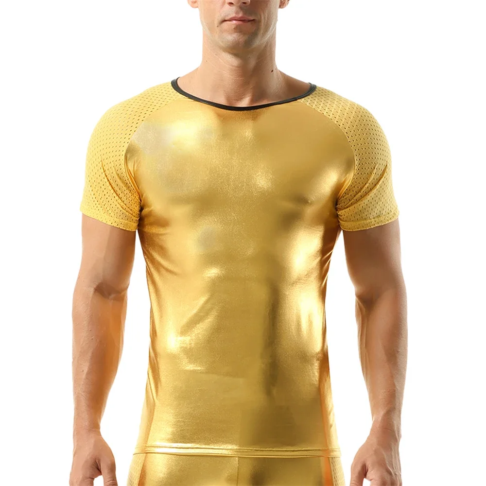 Sexy Men's Solid Color Faux Leather Tops Nightclub Dance Party Costumes Splicing Mesh Elastic T-shirts O-neck Short Sleeve Tees