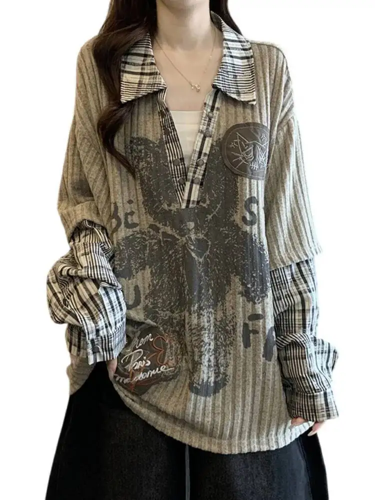 حجم كبير قمصان وهمية قطعتين طويلة الأكمام 2026 ربيع المرأة الحلو كول مطبوعة فضفاض الهيب هوب الخامس الرقبة القمصان