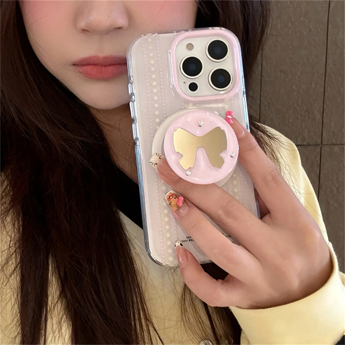 

Korean White Dot Cute Magnetic Phone Case For iPhone 16 Pro 15 13 14 Pro Max Cover with Bowknot Stand For Magsafe Cases