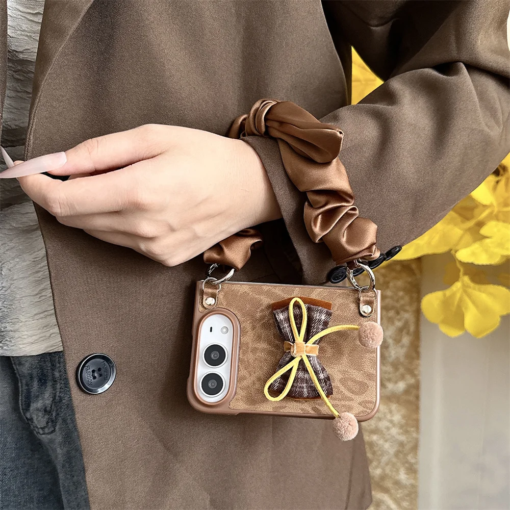 Korea Ins Leopard 3D bowknot Phone Case For iPhone Duo Cover Shockproof Cute Fold Cases with wrist strap Chain Mushroom ball
