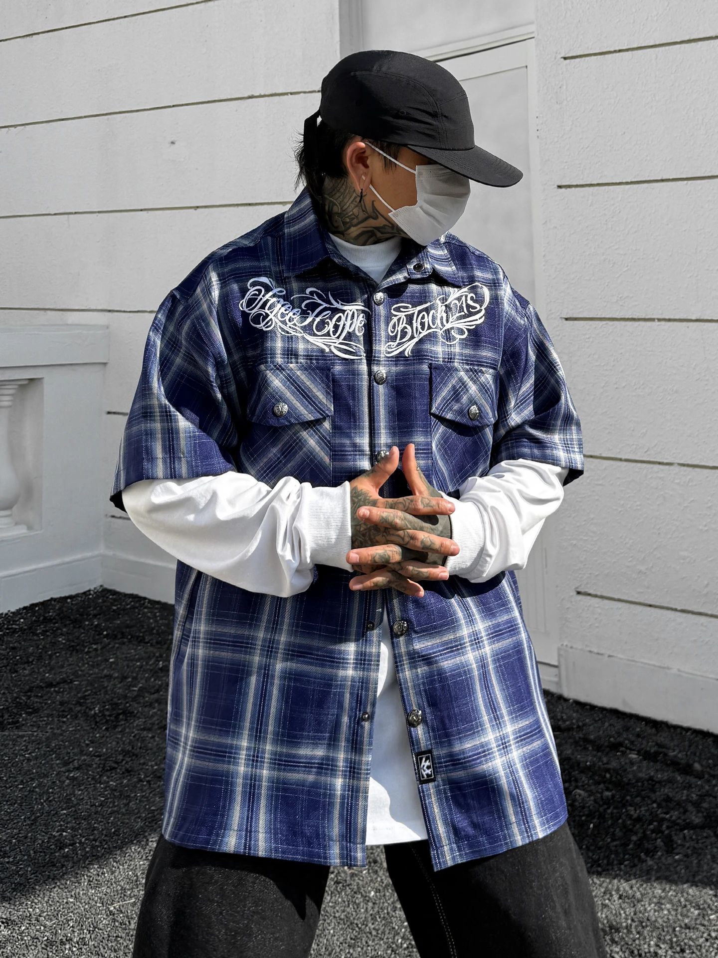 

Trendy American Street Style Embroidered Plaid Loose Fit Short Sleeve Shirt for Men Hip Hop Casual Cotton Polyester Blend