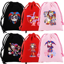 Amazing Digital Circus Gift Bag Pomni Drawstring Bag Game Storage Bags Cute Print Flannel Drawstring Pouch Anime Kids Party Bag