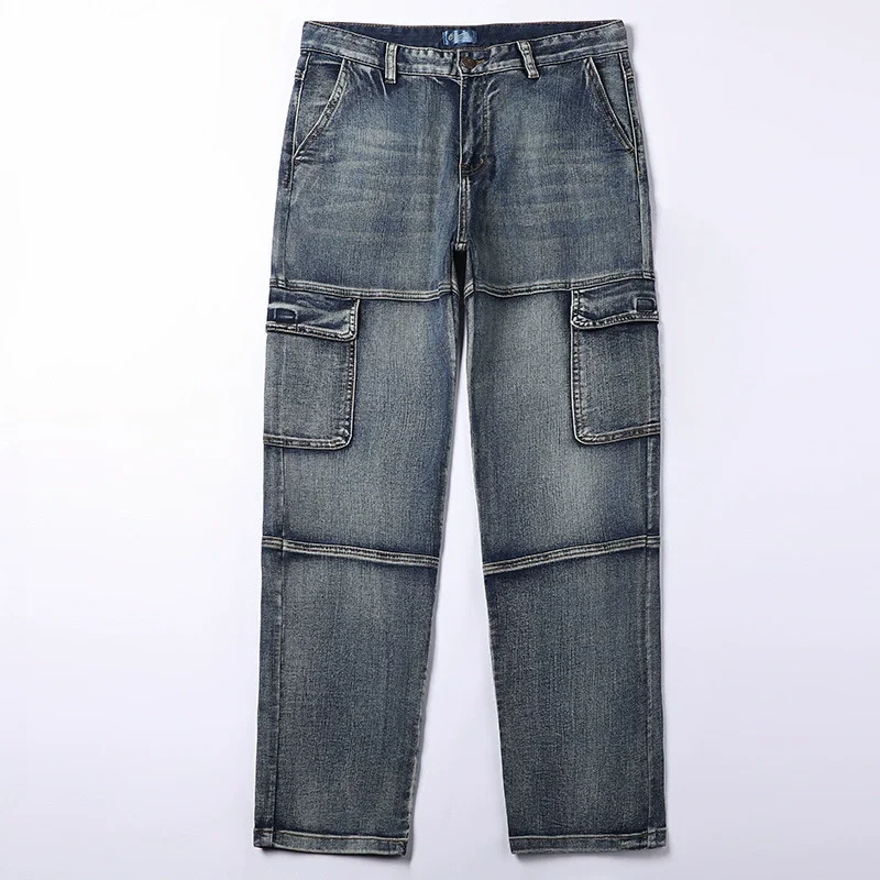 Weathered Washed Light-colored Heavy-duty Multi-pocket Work Pants For Men Loose Wide-leg Denim Pants Long Pants