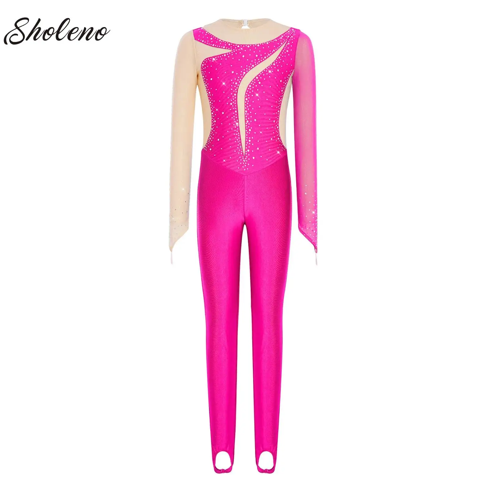 

Girls Mesh Patchwork Unitard Stirrups Children Long Sleeve Gymnastics Leotard Jumpsuit Dancewear Stage Performance Costumes