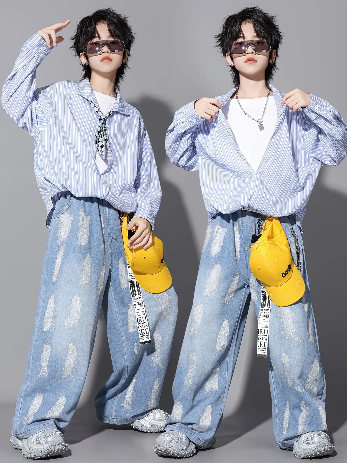 Boys Fashion Clothing Long Sleeves Fake 2Pcs Striped Tops Loose Jeans Hip Hop Dance Performance Clothes Girls Jazz Costume