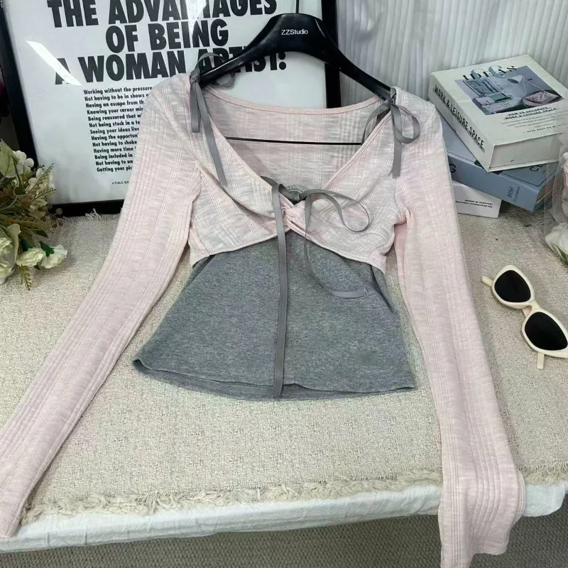American Pure Sweet Patchwork Fake Two Tops Women Backless Lace-up Bubble Sleeves Slim T-shirt New Sexy Y2k Clothing Autumn 2026