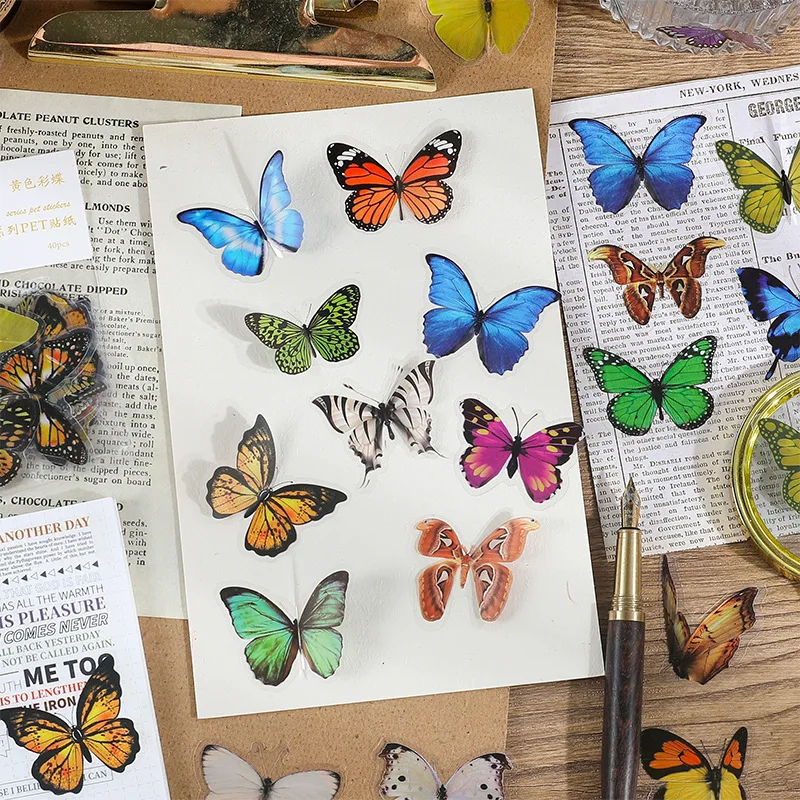 40Pcs/Lot Colorful Butterfly Stickers PET Transparent Scrapbook Journaling Phone Decoration DIY Waterproof Decals For Album