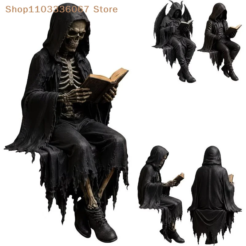 【HLS】【HB】Grim Reaper Reading Statue Resin Black Hooded Skull Miniature Figurine Halloween Home Desktop Ornaments Gothic Decor