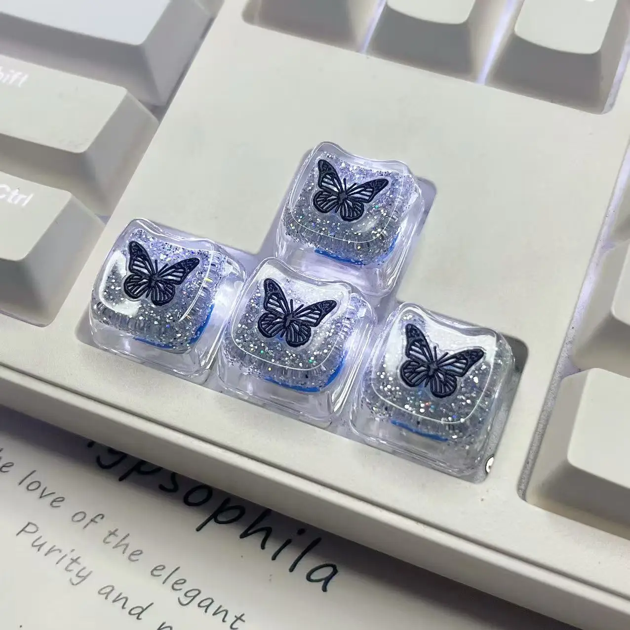 DIY black butterfly keycaps cute translucent cat head keycaps sparkling pink transparent gaming mechanical keyboard keycaps