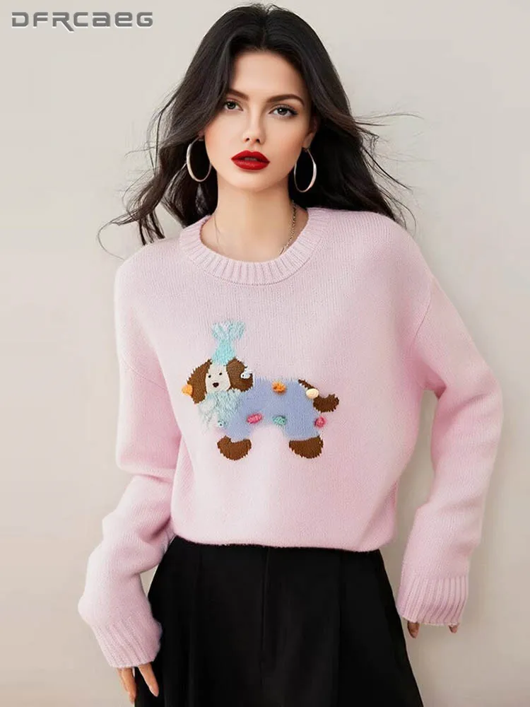 

Pink Women's Winter Thick Soft Pullover Sweater Korean Style Loose 3d Cartoon Patchwork Long Sleeve Knitted Top Clothing