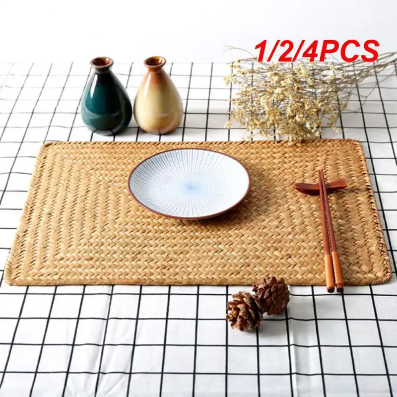 1/2/4PCS Natural Seagrass Place MatHand-Woven Rectangular Rattan Placemats Straw Tea Cup Mat Potholder Kitchen Tableware