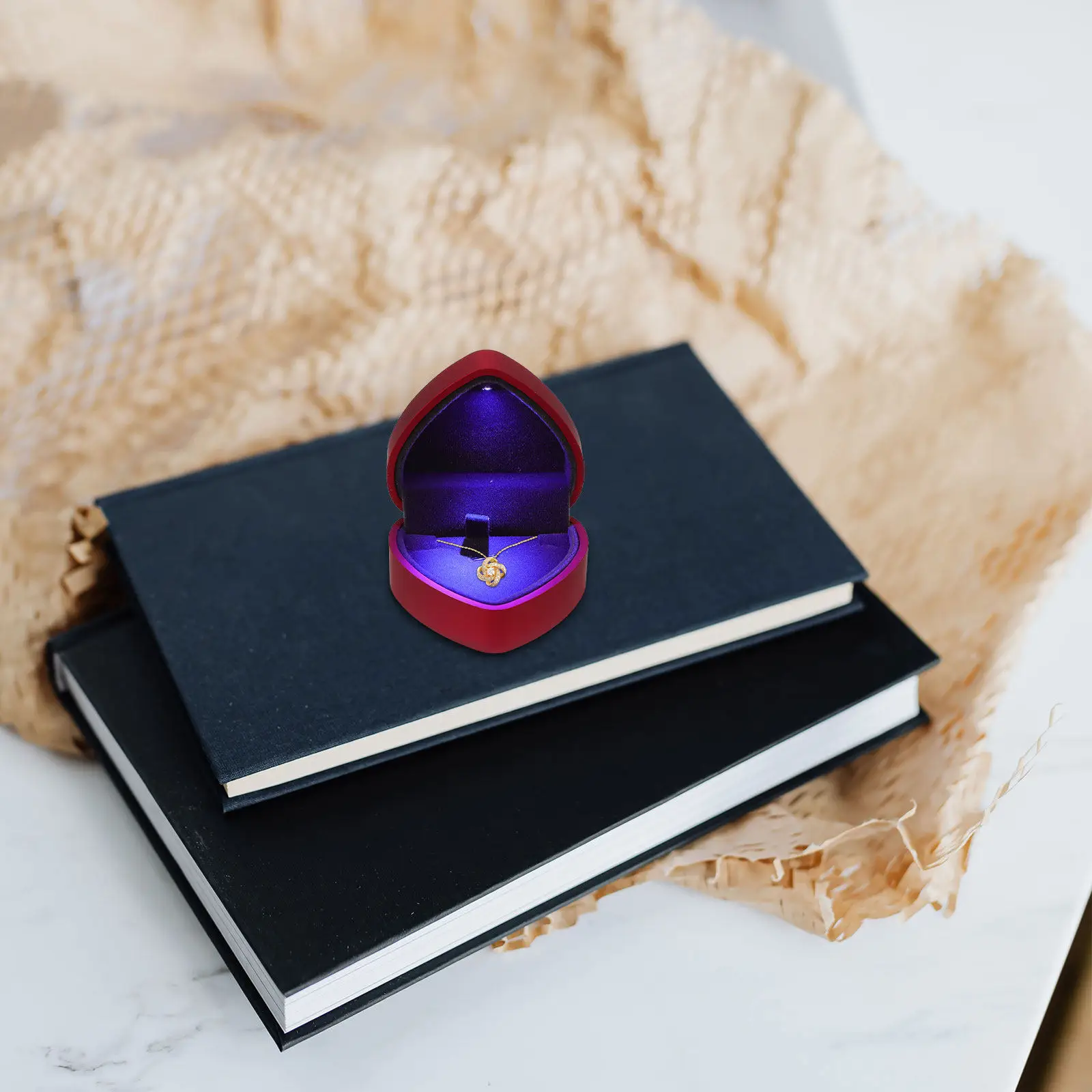 

Romantic Heart Shaped Jewelry Box Blue Illuminated LED Interior Sturdy Plastic Construction Ideal for Proposal Or Presenting