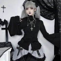 Victorian Gothic Lolita Blouses Women Sweet Elegant Lace Ruffles Turtleneck Slim Shirts Japanese Spring Autumn Long Sleeve Top