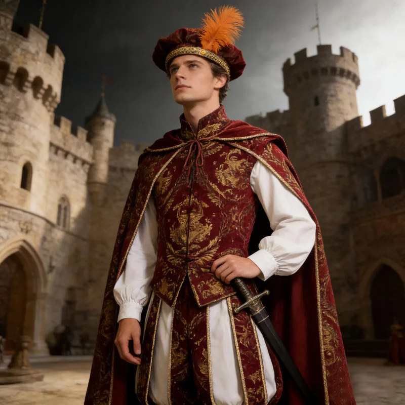 Mittelalterliches europäisches Adligen-Tudor-Königskostüm mit doppellagiger Weste, Kürbishose und halbärmeligem Umhang für RenFaire-Veranstaltungen.
