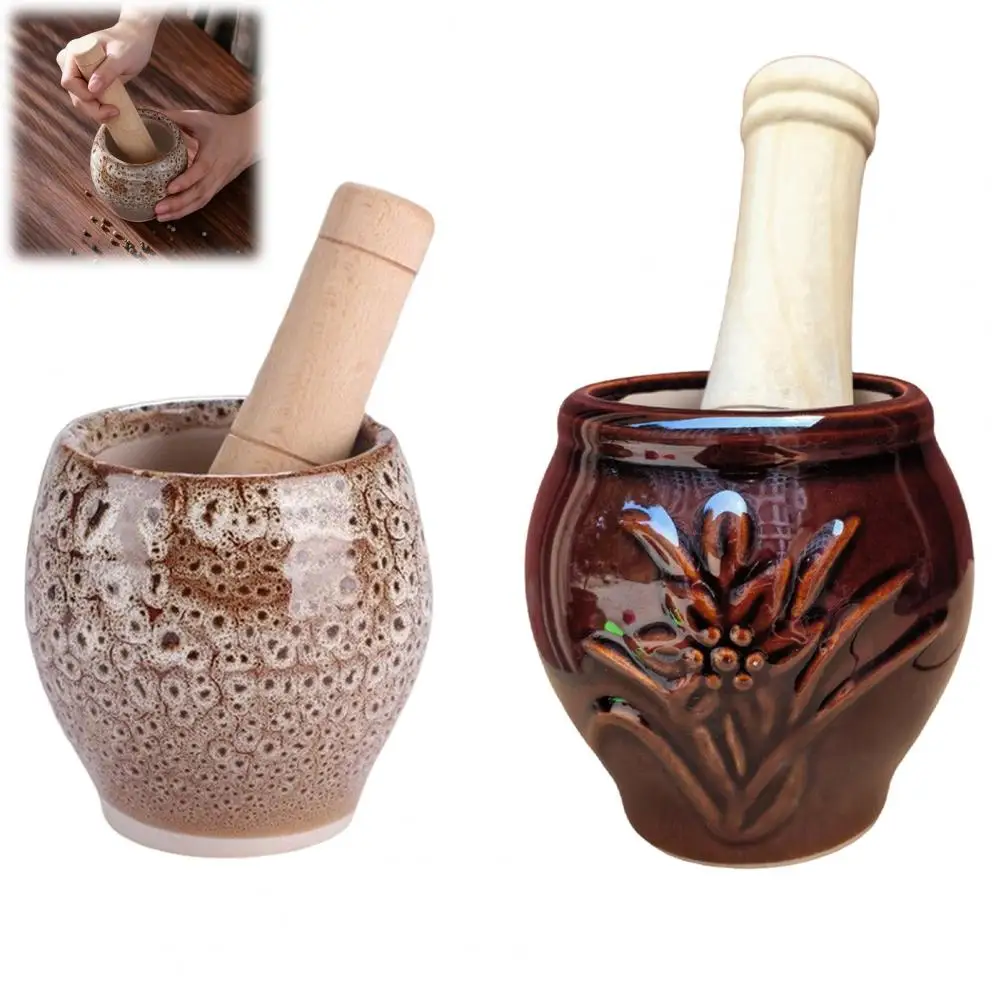 Kitchen Garlic Grinder Ceramic Pestle Mortar Set for Garlic Herb Spice Grinding Kitchen Crusher with Sturdy Handle for Sesame
