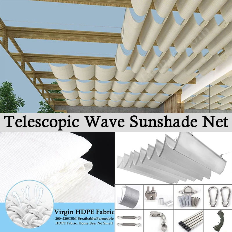 White Outdoor Awning Anti-UV Telescopic Wave Sunshade Net Courtyard Pergola Sun Canopy Retractable Swimming Pool Shading Sail