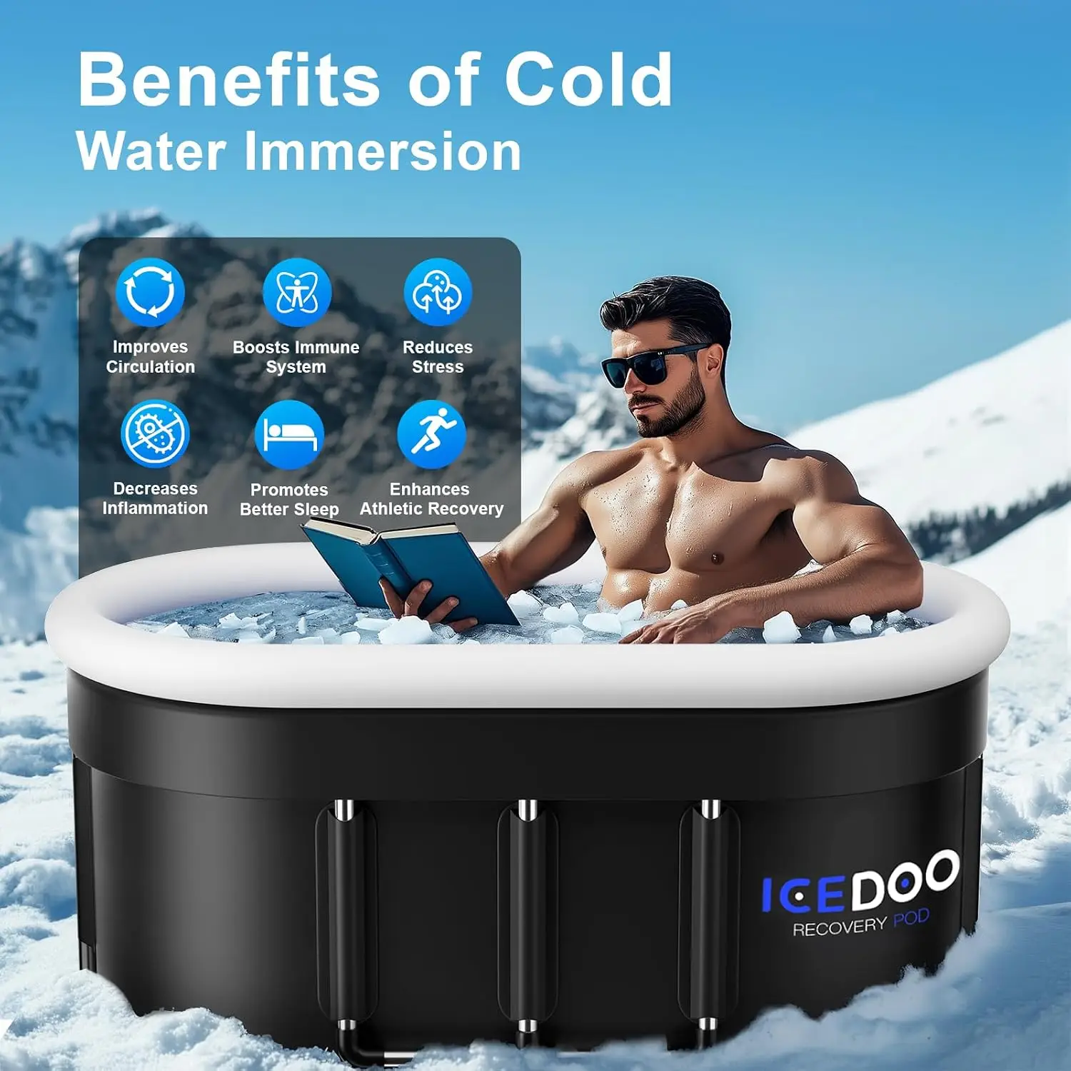 Upgraded 175 Gal Oval Ice Bath Tub with Inflatable Air Ring | Portable Foldable Cold Plunge Tub with Lid, Multi-Layer