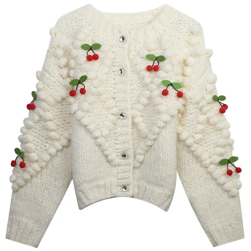 

Lazy Style Knitted Cardigan Autumn Winter New Round Neck Heavy Handmade Hook Flower Cherry Women Sweater Jacket